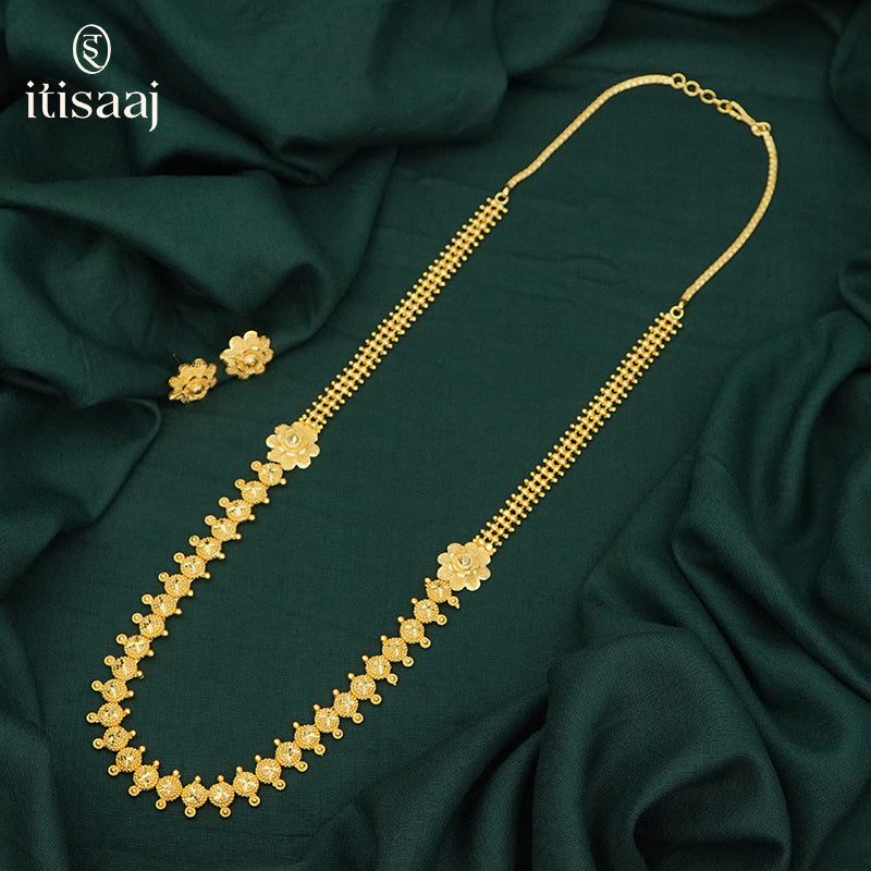 Elegant Gold Plated Textured Circular Motif Long Necklace Set with Floral Accents - 5224