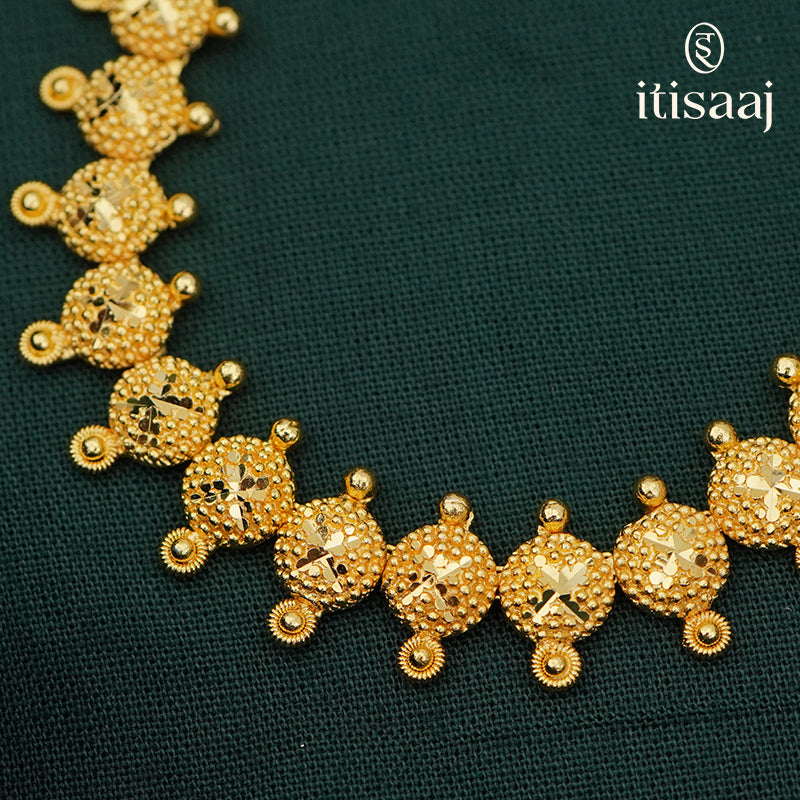 Elegant Gold Plated Textured Circular Motif Long Necklace Set with Floral Accents - 5224