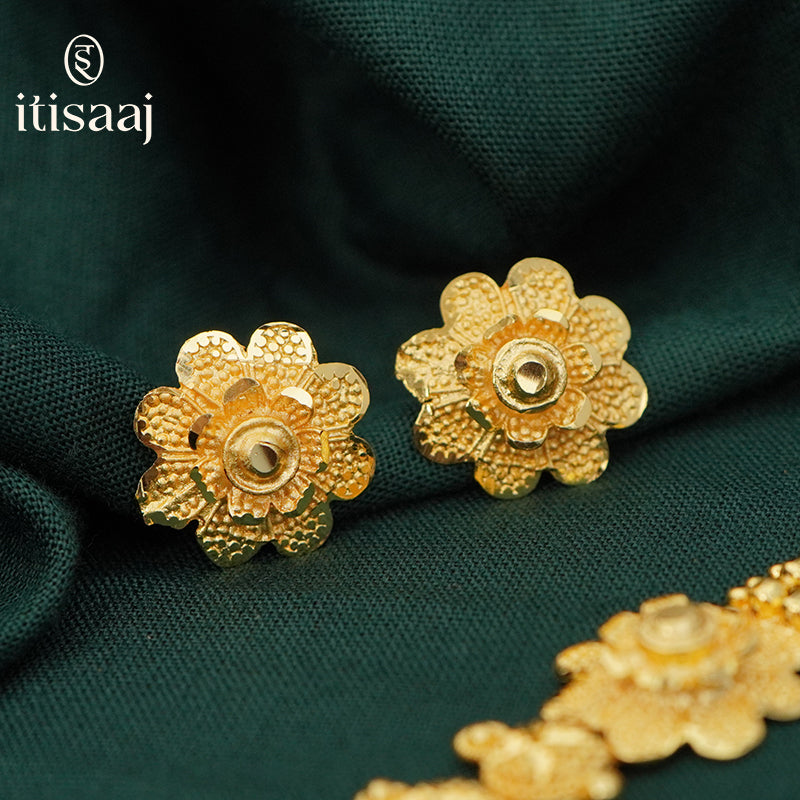 Elegant Gold Plated Textured Circular Motif Long Necklace Set with Floral Accents - 5224