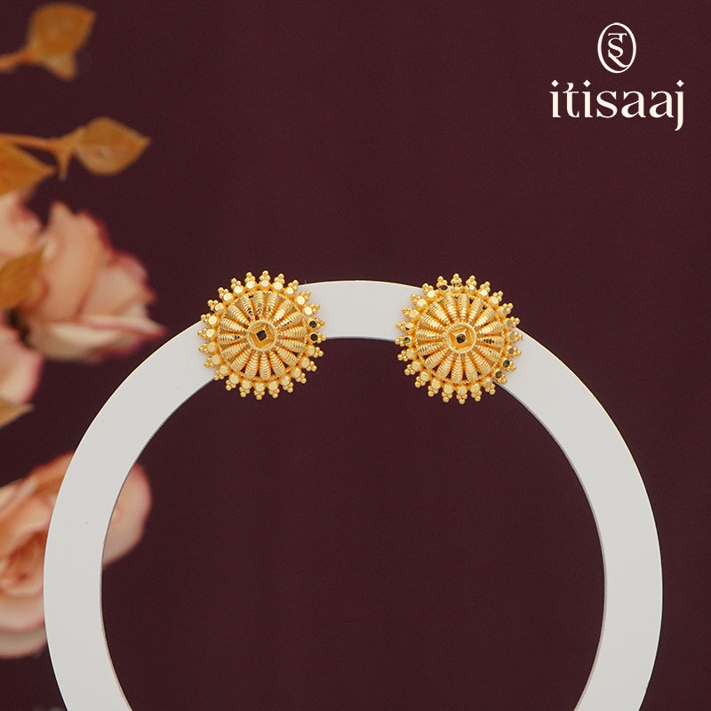 Elegant Intricate Floral Sunburst Micro Gold Plated Stud Earrings - 5551