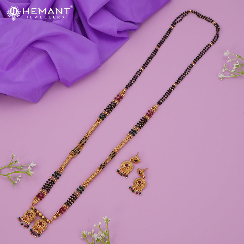 Elegant Long Black Bead Mangalsutra Set with Traditional Disc Pendant and Stud Earrings - 5247