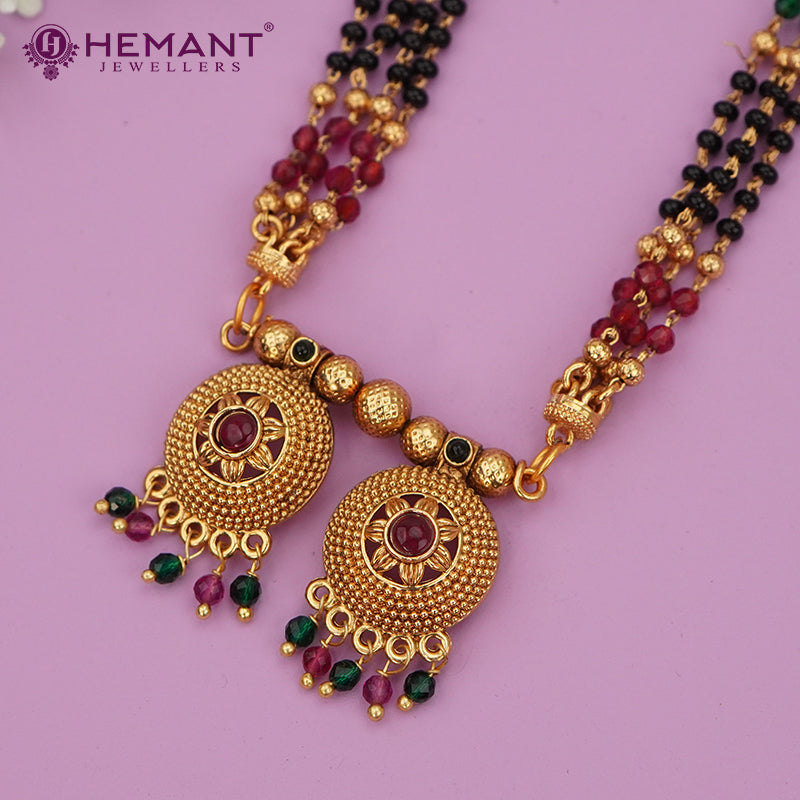 Elegant Long Black Bead Mangalsutra Set with Traditional Disc Pendant and Stud Earrings - 5247