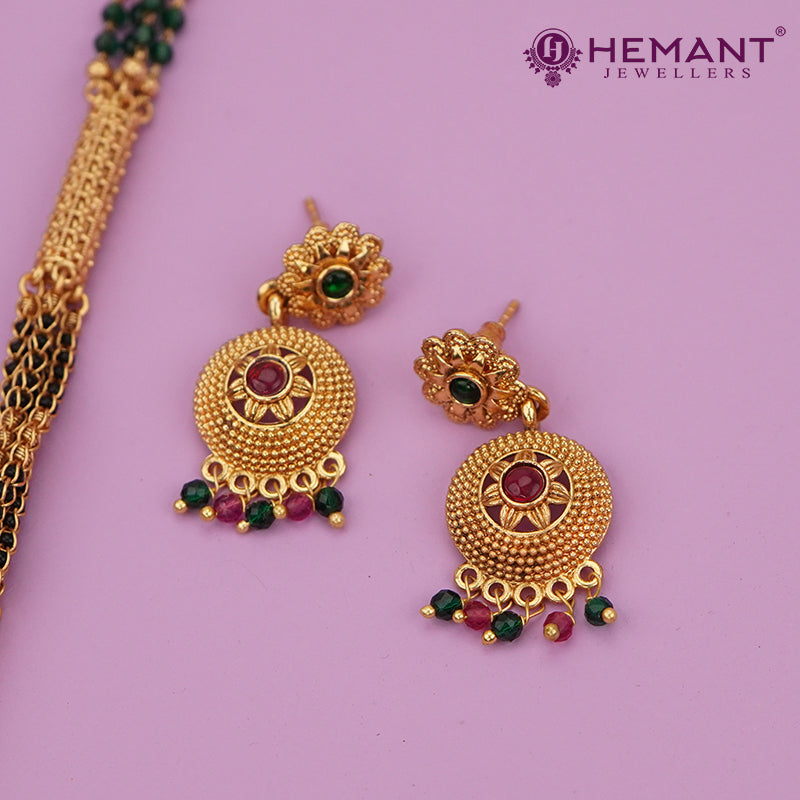 Elegant Long Black Bead Mangalsutra Set with Traditional Disc Pendant and Stud Earrings - 5247