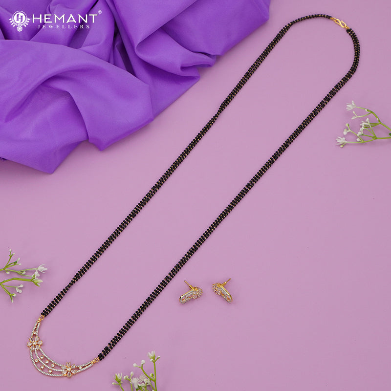 Elegant Long Black Beaded Mangalsutra Set with American Diamond Floral Pendant & Stud Earrings - 5238