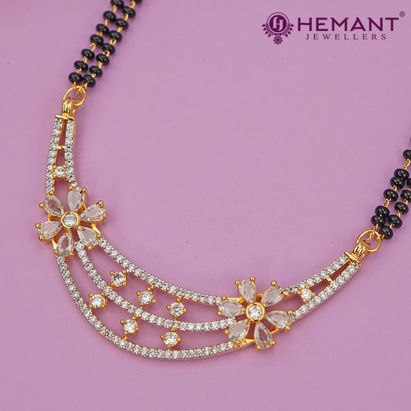 Elegant Long Black Beaded Mangalsutra Set with American Diamond Floral Pendant & Stud Earrings - 5238