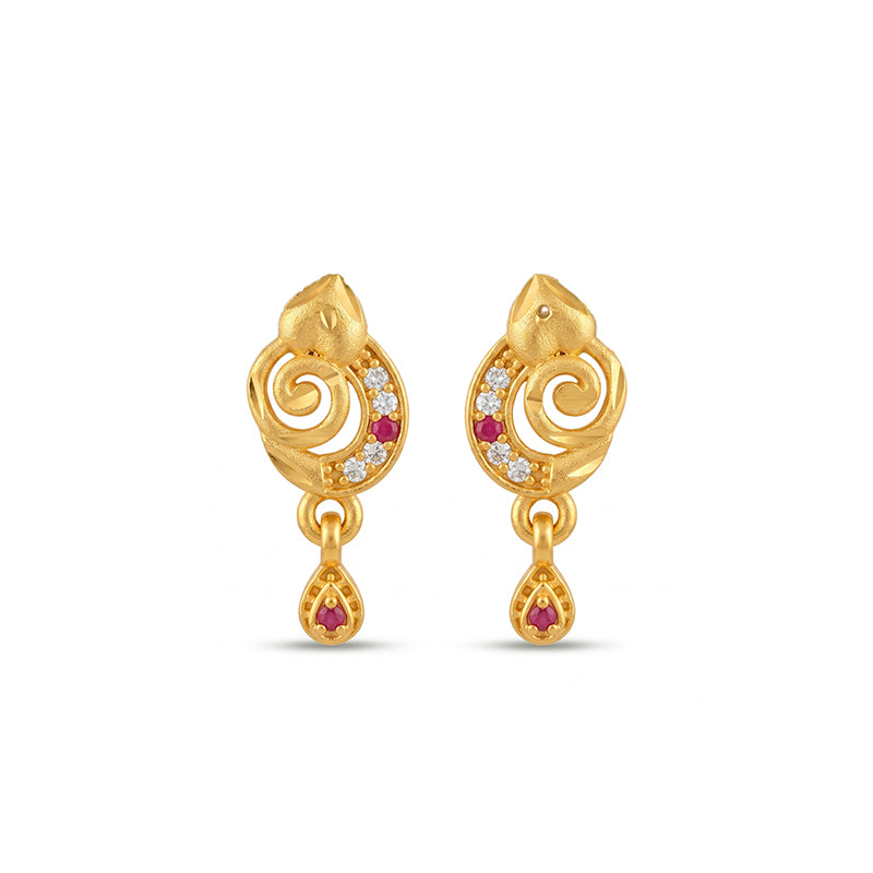 Elegant Micro Gold Plated Drop Earrings with Ruby Red and White Stones - 4303