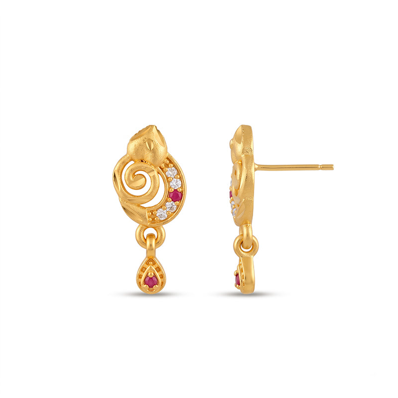 Elegant Micro Gold Plated Drop Earrings with Ruby Red and White Stones - 4303