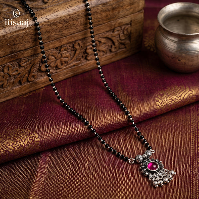 Elegant Oxidized Silver Plated Floral Pendant Short Mangalsutra - 4631