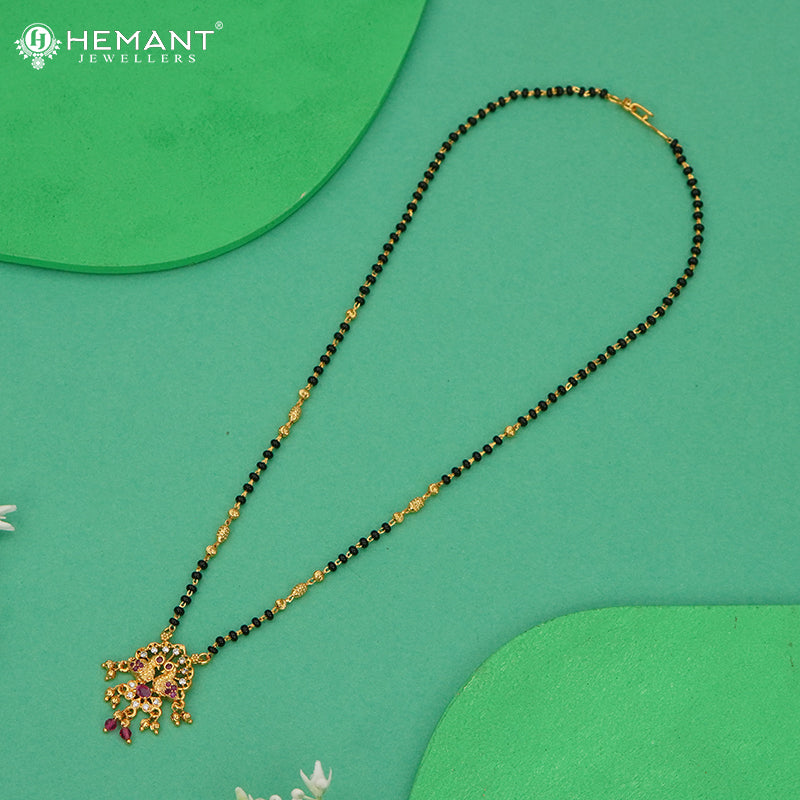 Elegant Peacock Design Short Mangalsutra with Ruby and CZ Stones | Black Bead Necklace - 4295