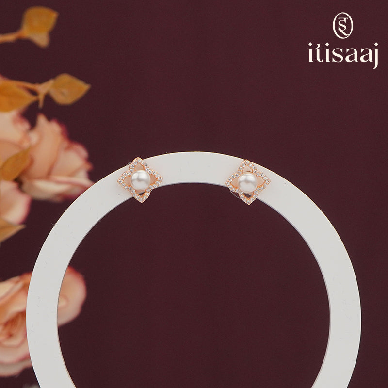 Elegant Pearl Stud Earrings with Stone Studded Floral Motif - 5559