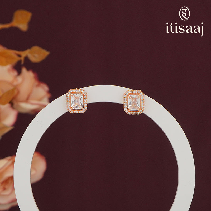 Elegant Rectangular Halo Stud Earrings in Rose Gold Finish - 5568