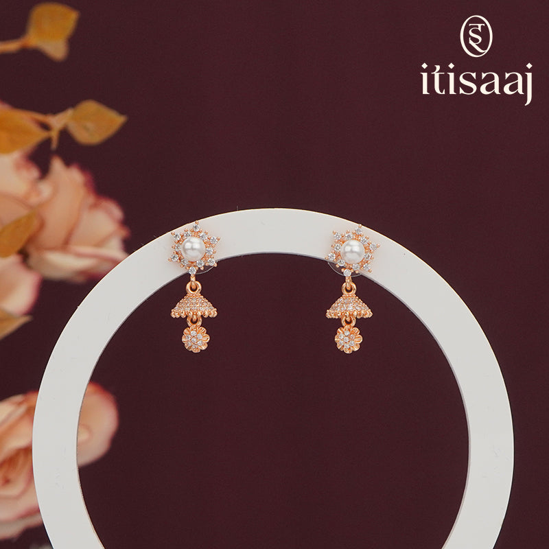 Elegant Rose Gold Pearl and Stone Studded Floral Jhumka Earrings - 5561