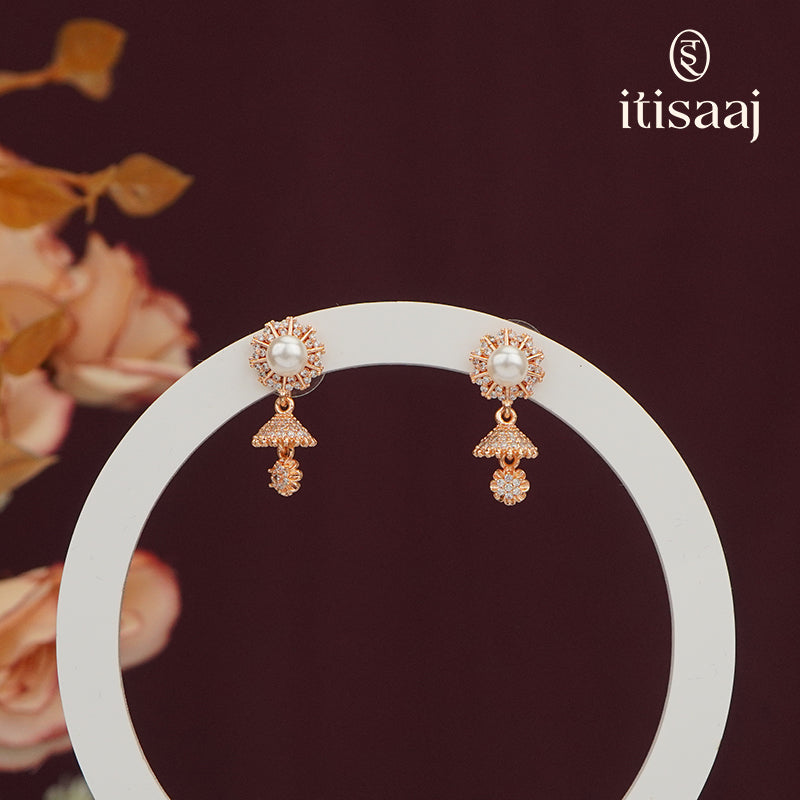 Elegant Rose Gold Pearl and Stone Studded Floral Jhumka Earrings - 5564