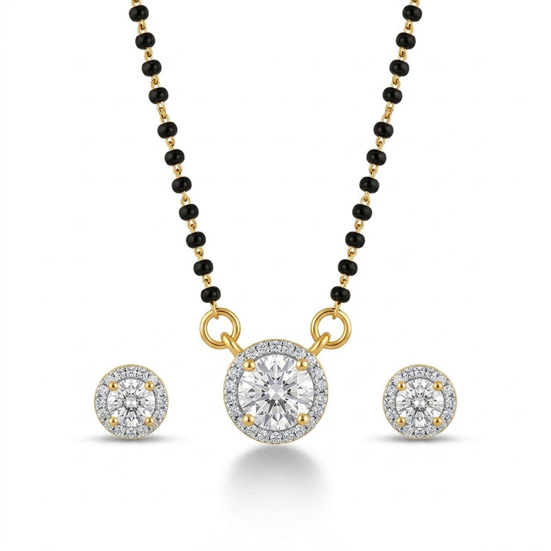 Elegant Round Solitaire Halo American Diamond Mangalsutra Set with Matching Stud Earrings - 5651