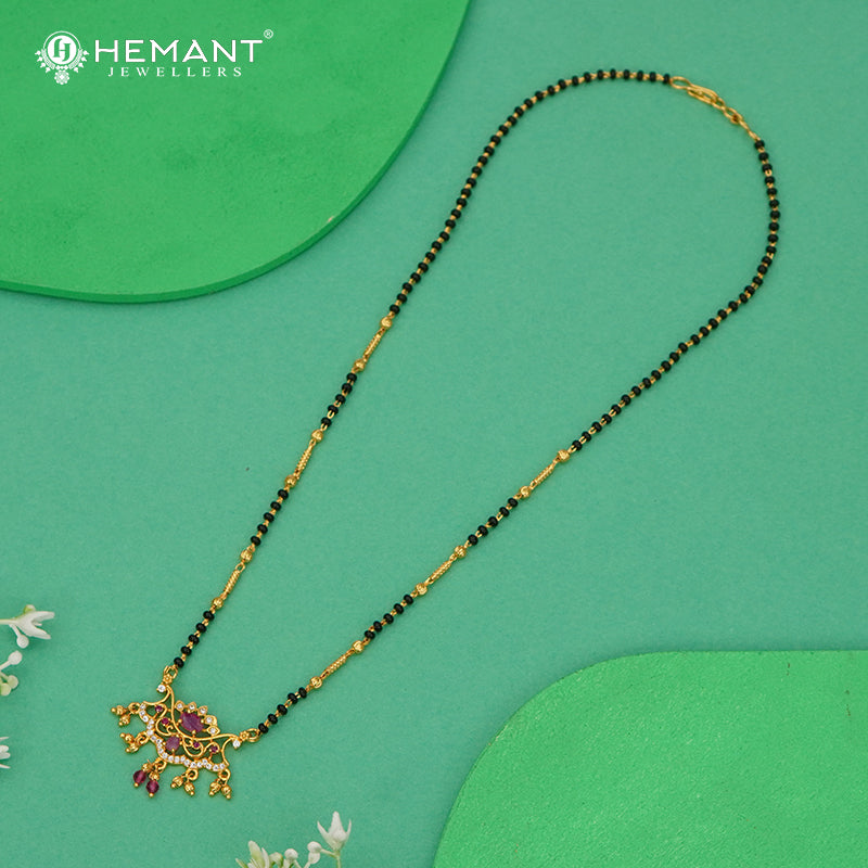 Elegant Ruby & CZ Studded Mangalsutra with Traditional Black Beads - 3270