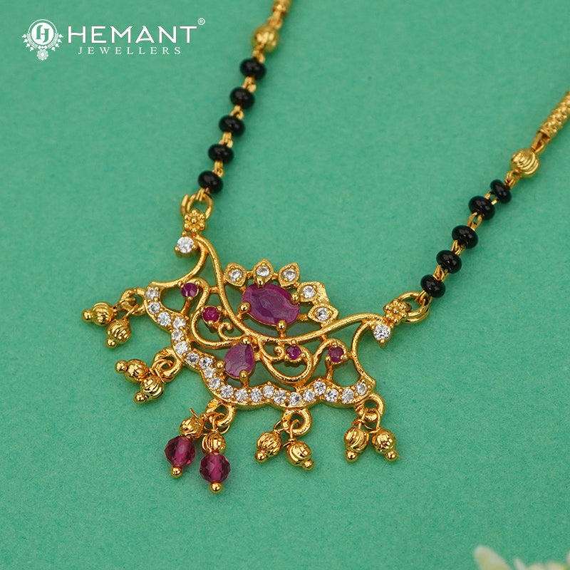 Elegant Ruby & CZ Studded Mangalsutra with Traditional Black Beads - 3270