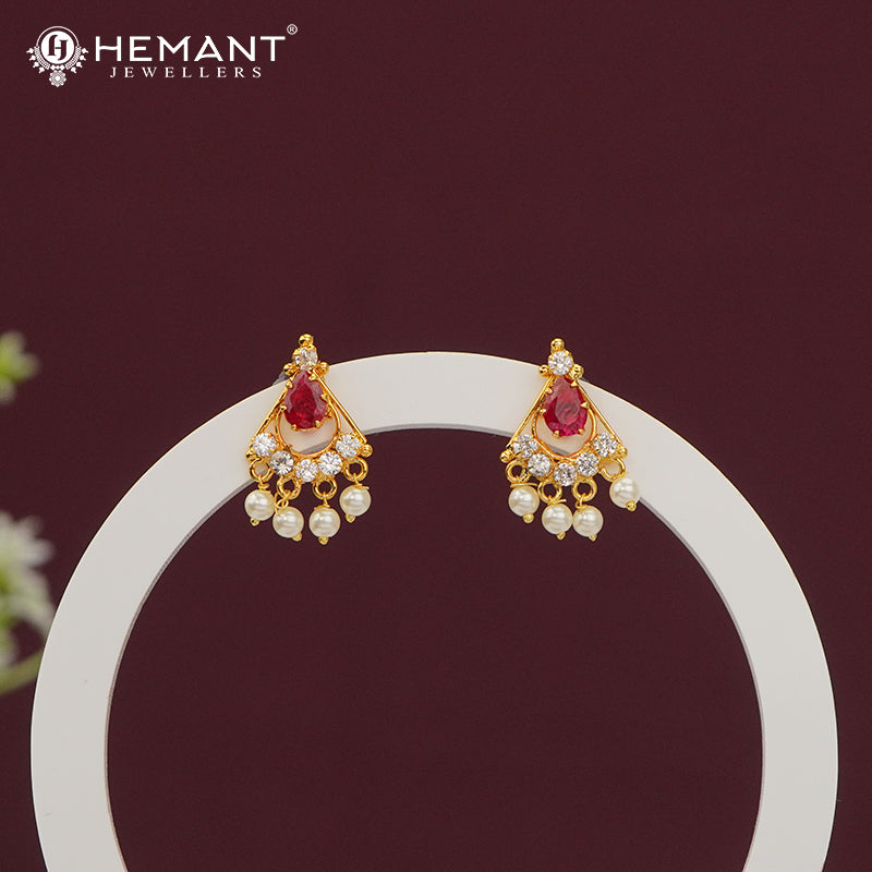 Elegant Ruby and CZ Stud Earrings with Pearl Drops | Classic Festive Look - 4989