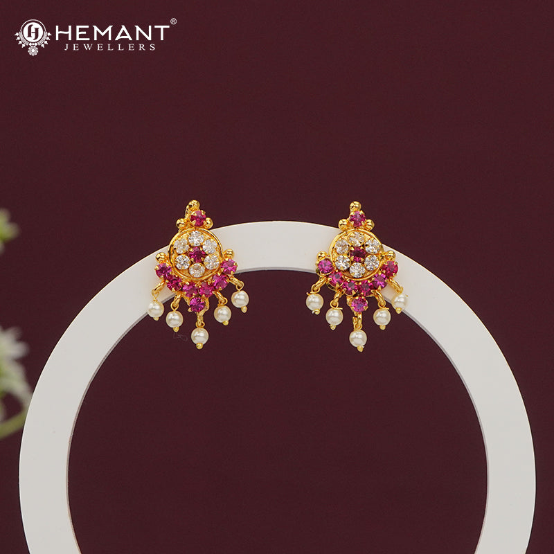 Elegant Ruby CZ Stud Earrings with Pearl Dangles - 5020