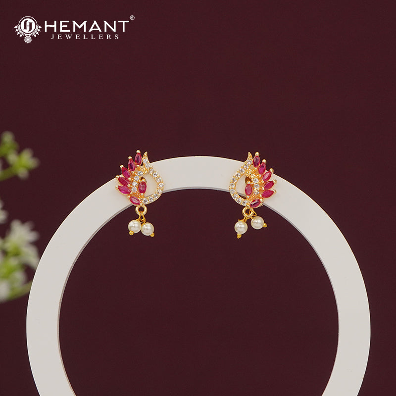 Elegant Ruby Pink CZ Stone Stud Earrings with Dangling Pearls - 5292