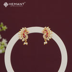 Elegant Ruby Pink CZ Stone Stud Earrings with Dangling Pearls - 5293