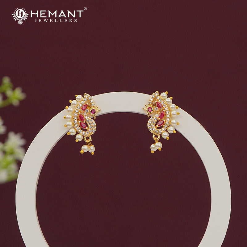 Elegant Ruby Pink CZ Stone Stud Earrings with Dangling Pearls - 5293