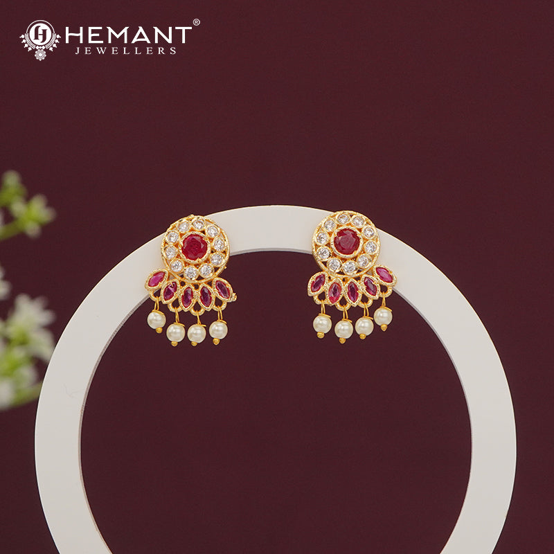 Elegant Ruby Pink CZ Stone Stud Earrings with Dangling Pearls #red