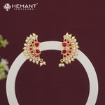 Elegant Ruby Pink CZ Stone Stud Earrings with Dangling Pearls - 5285