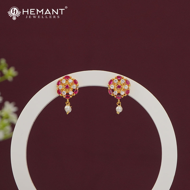 Elegant Ruby Pink CZ Stone Stud Earrings with Dangling Pearls 