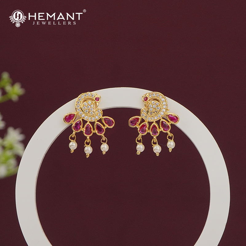 Elegant Ruby Pink CZ Stone Stud Earrings with Dangling Pearls - 5297