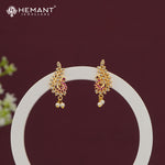 Elegant Ruby Pink CZ Stone Stud Earrings with Dangling Pearls - 5294