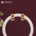 Elegant Ruby Pink CZ Stone Stud Earrings with Dangling Pearls 