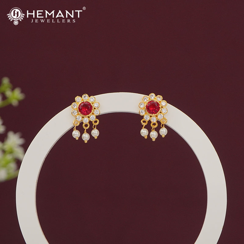 Elegant Ruby Pink CZ Stone Stud Earrings with Dangling Pearls #red