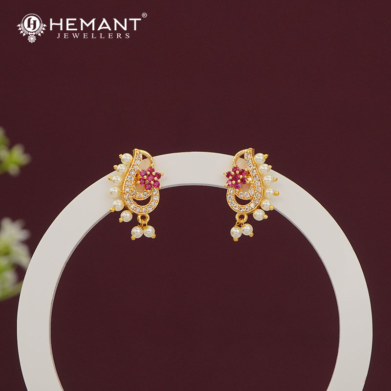 Elegant Ruby Pink CZ Stone Stud Earrings with Dangling Pearls - 5282