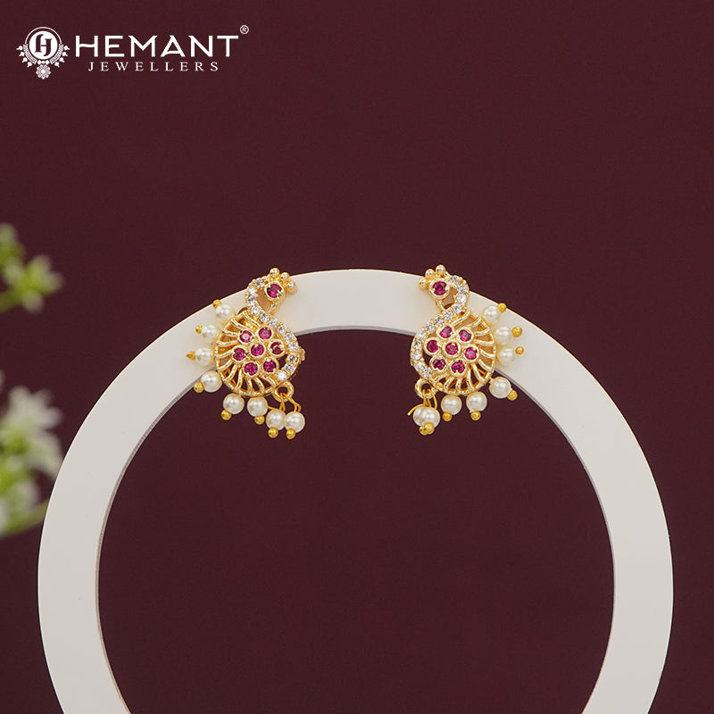 Elegant Ruby Pink CZ Stone Stud Earrings with Dangling Pearls - 5283