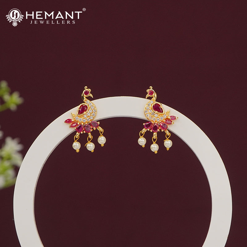 Elegant Ruby Pink CZ Stone Stud Earrings with Dangling Pearls - 5284