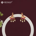 Elegant Ruby Pink CZ Stone Stud Earrings with Dangling Pearls - 5284