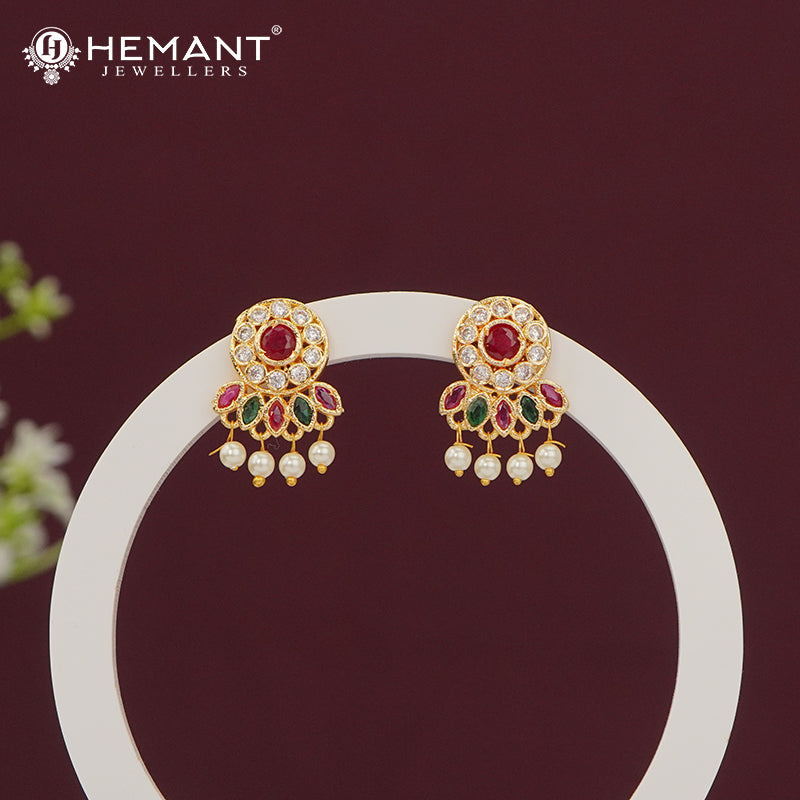 Elegant Ruby Pink CZ Stone Stud Earrings with Dangling Pearls 