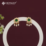 Elegant Ruby Pink CZ Stone Stud Earrings with Dangling Pearls 
