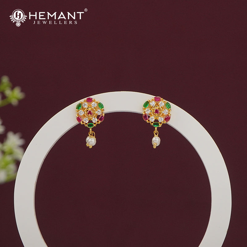 Elegant Ruby Pink CZ Stone Stud Earrings with Dangling Pearls 