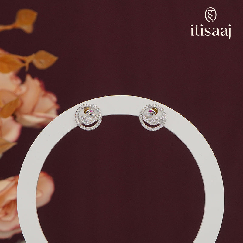 Elegant Swan Motif Circular Stud Earrings with Sparkling White Stones - 5572