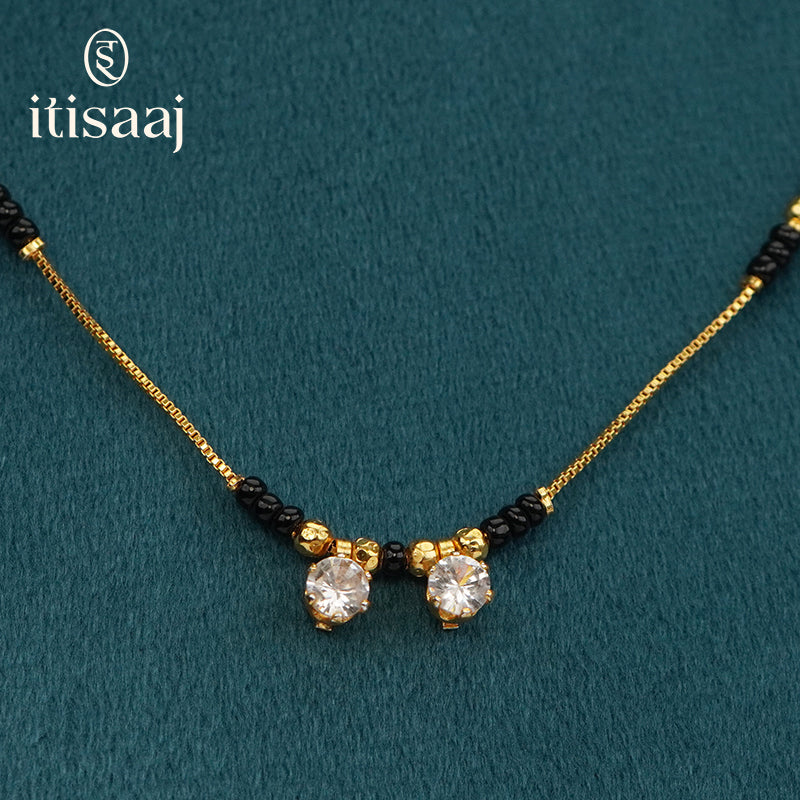 Elegant Twin Solitaire CZ Stone Chain Mangalsutra with Black Beads - 5568