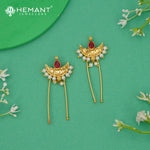 Ethnic Crescent Design Ambada Hair Pin Set with Ruby Red Stone - 5196
