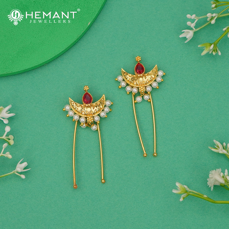 Ethnic Crescent Design Ambada Hair Pin Set with Ruby Red Stone - 5196
