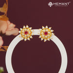 Exquisite Gold Toned Pearl and Ruby Style Floral Stud Earrings - 4253