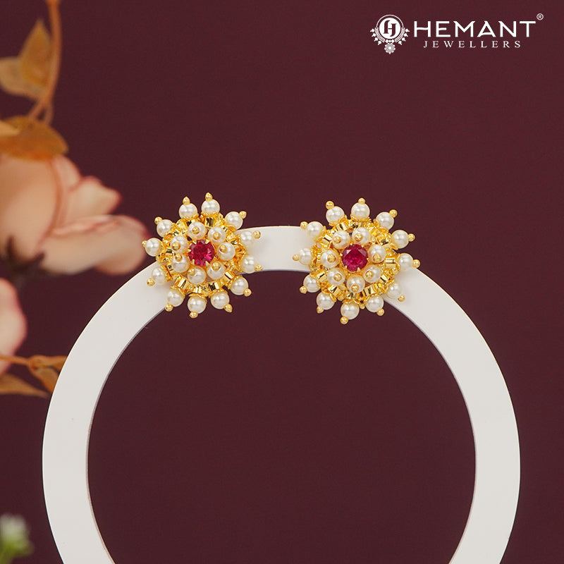 Exquisite Gold Toned Pearl and Ruby Style Floral Stud Earrings - 4253