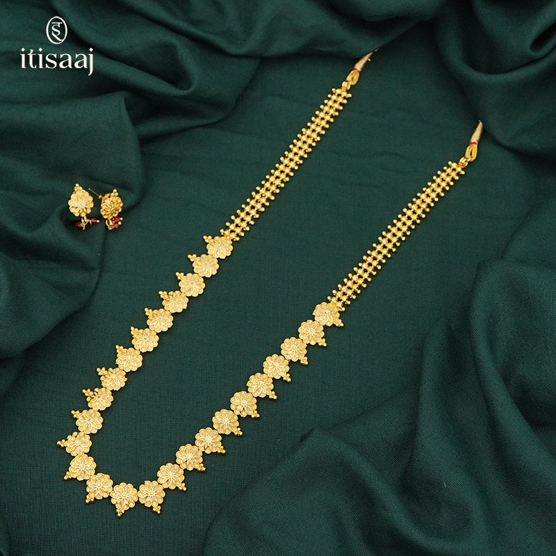 Exquisite Micro Gold Plated Long Floral Motif Necklace Set with Matching Earrings - 4027