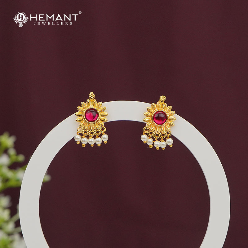 Exquisite Ruby & Pearl Drop Stud Earrings | Traditional Gold Finish - 4144