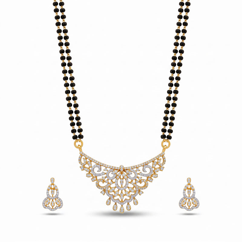 Exquisite Sparkling Cubic Zirconia Double Layer Black Beads Long Mangalsutra Set with Matching Earrings - 5656
