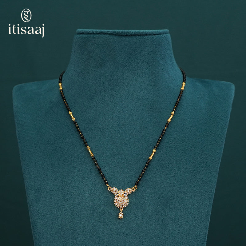 Floral CZ Pendant Micro Gold Plated Black Beaded Short Mangalsutra - 5114