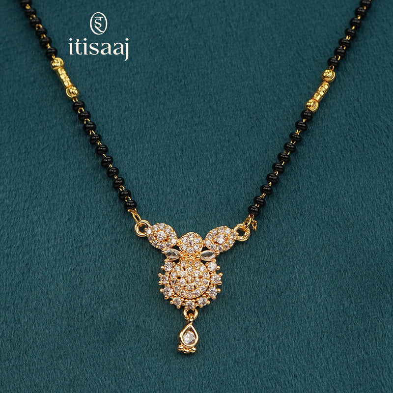 Floral CZ Pendant Micro Gold Plated Black Beaded Short Mangalsutra - 5114